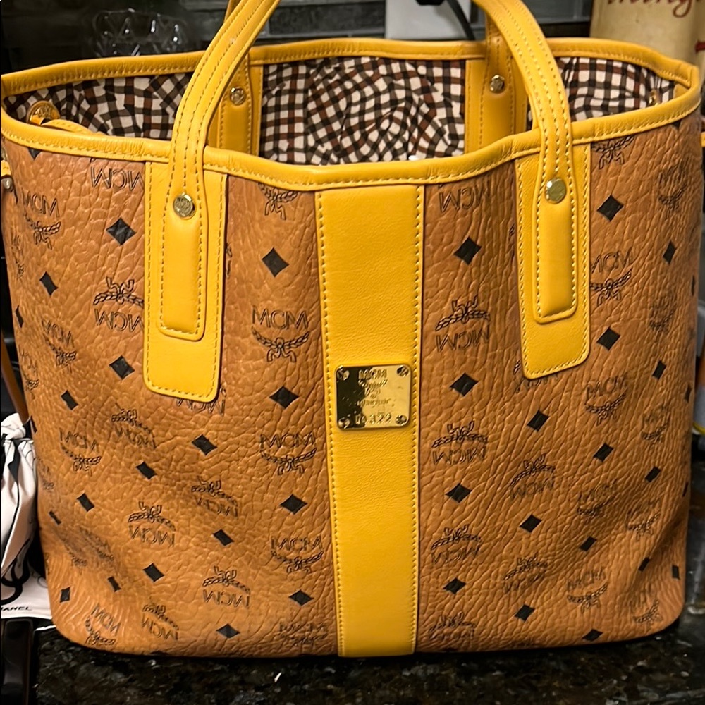 MCM Visetos Shopper Tote Bag Cognac with Signature Monogram- Tan/Yellow